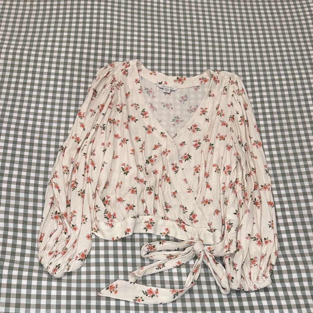American Eagle Outfitters Floral Wrap Blouse - Cream and Red